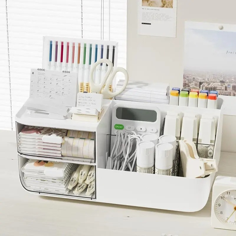 Home Office Desk With Drawers - 大容量多機能デスクオーガナイザー、2つの透明引き出し付き、学校用デスクトップオフィス用品収納ペンホルダー