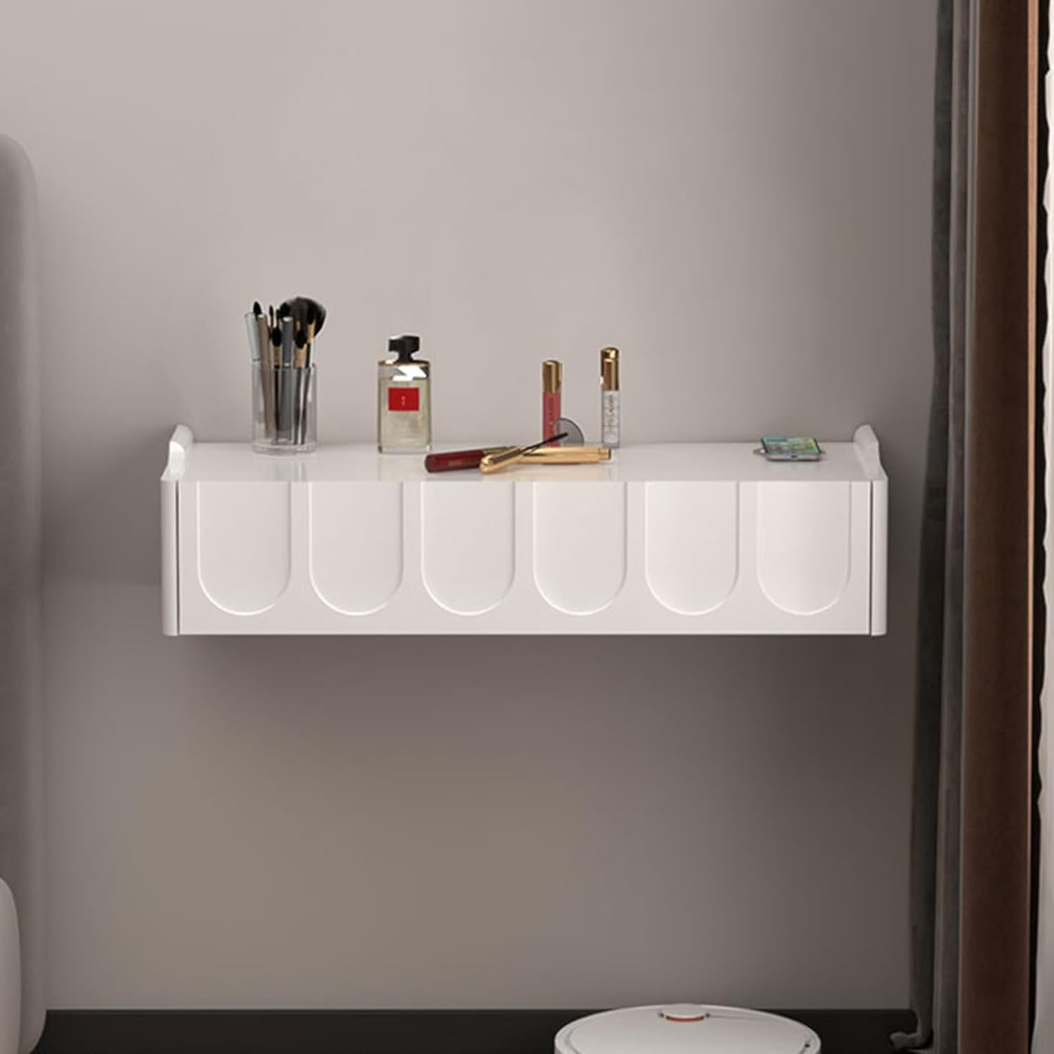 Desk Drawer Small - # 白い壁掛け式フローティングバニティデスク（引き出し付き）、狭いスペースの寝室用ドレッシングテーブル