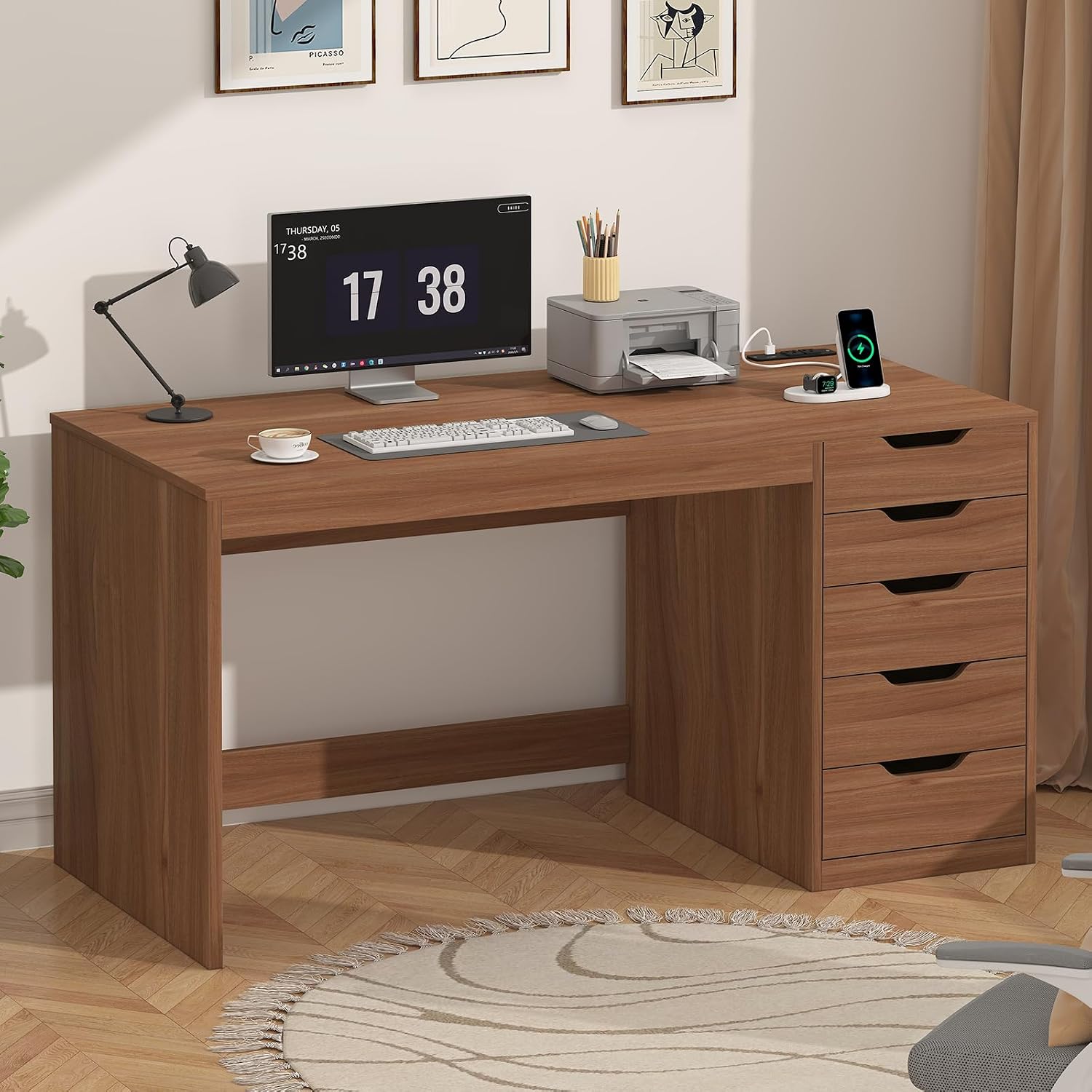 Desk Drawer Small - コンピューターデスク 5つの引き出しと電源コンセント付き 小型スペース用 収納ファイルキャビネット 充電ステーション ノートパソコン用ライティングテーブル、カスタマイズ可能