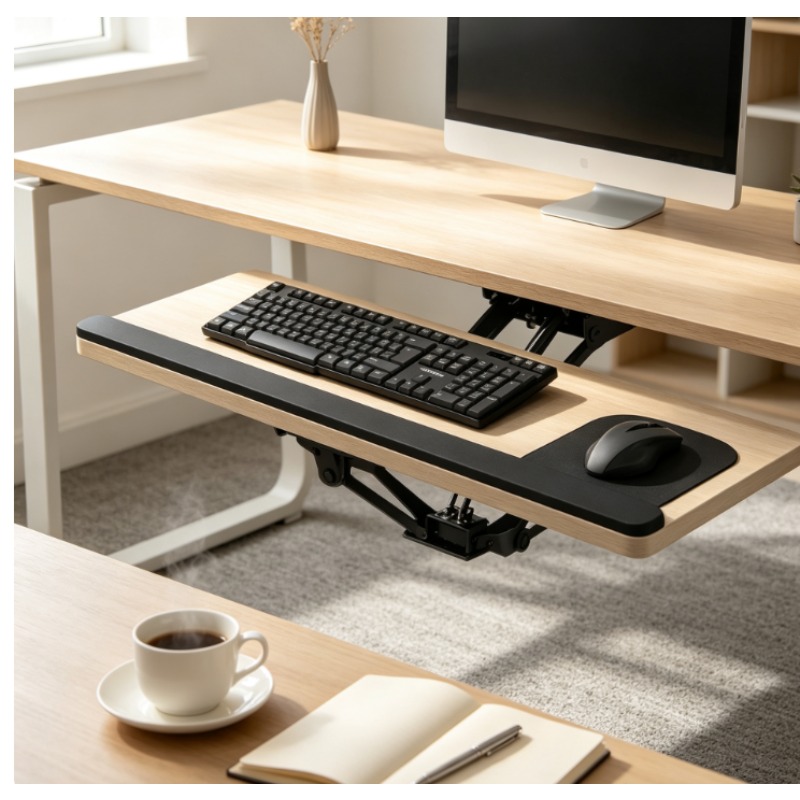 Home Office Desk With Drawers - デスク下スライド式キーボードトレイ、マウスパッド付き、人間工学に基づいた高さ調整＆回転可能、頑丈なスタンド、ホームオフィス用