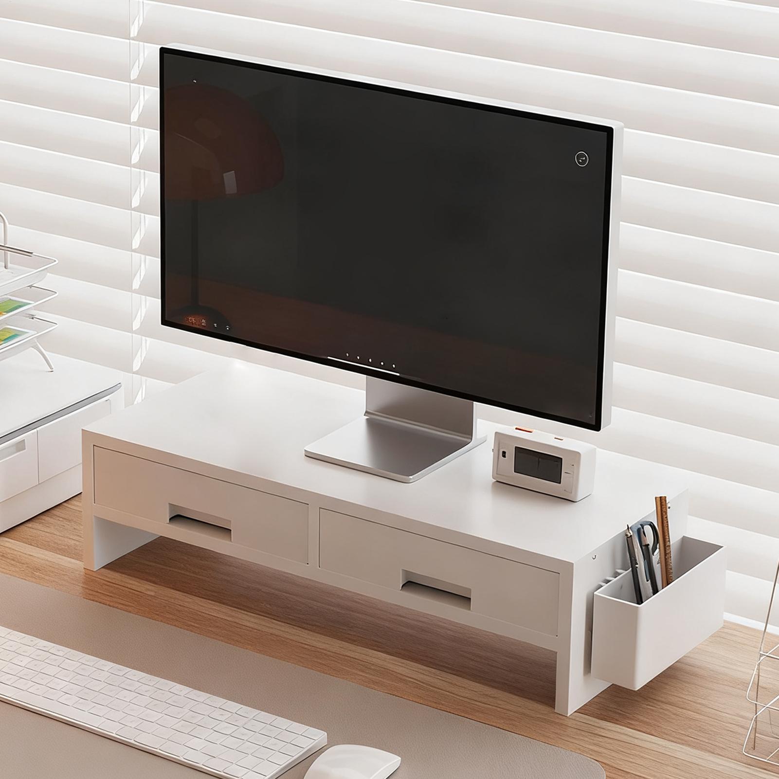 Desk Drawer Small - デスクモニタースタンドライザー ダブル引き出し 人間工学に基づいたオーガナイザー コンピューターデスクモニターライザー 家族、友人、ホームオフィス、屋内用