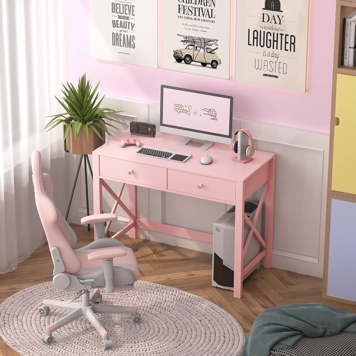 Desk Drawer Small - 引き出し付き小型ホームオフィスデスク、寝室の学習用化粧台として使えるモダンなパソコンデスク、ピンク、カスタマイズ可能