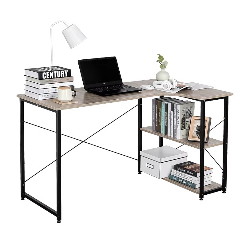 Home Office Desk With Drawers - L字型コーナーデスク、本棚付き、壁掛けテーブルキャビネット、配線管理穴付き引き出し、ホームオフィス、書斎用