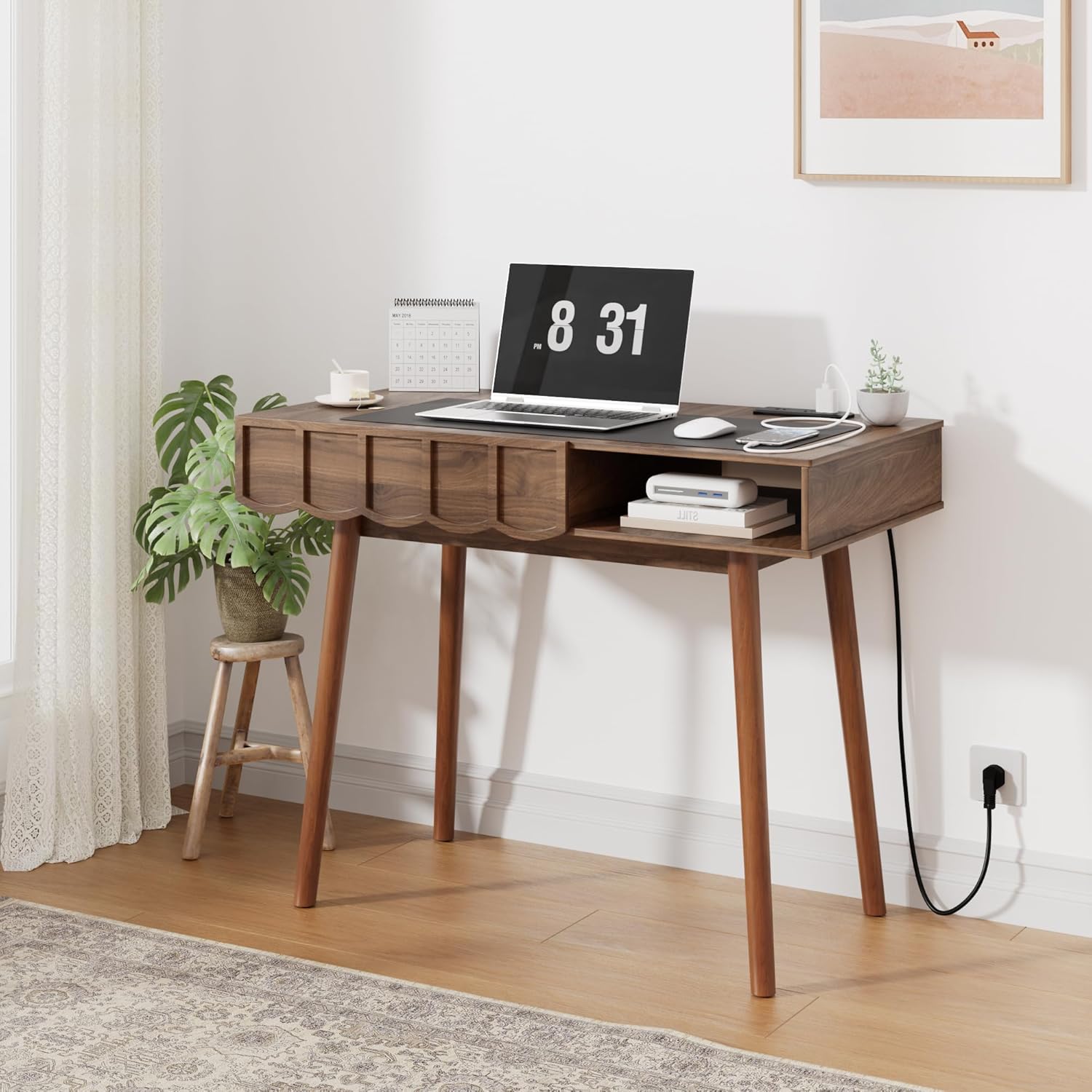 Desk Drawer Small - ミッドセンチュリーモダン エグゼクティブデスク（引き出しとオープン収納付き）、ホームオフィスや書斎、寝室用の小型ヴィンテージコンピューターデスク、カスタマイズ可能