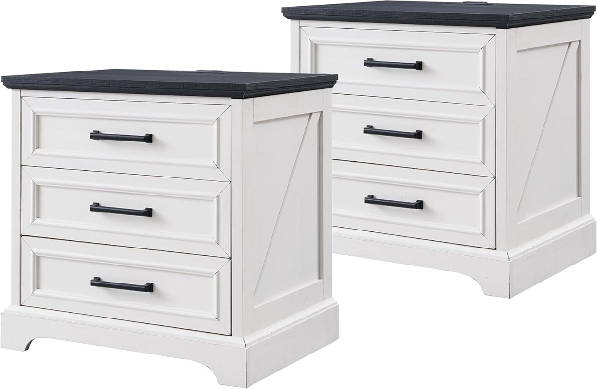 Desk Drawer Small - ACCOHOHO ファームハウスナイトスタンド 22インチ幅のエンドテーブル2個セット、充電ステーションと3つの大きな引き出し付き、素朴な木製小型ドレッサー