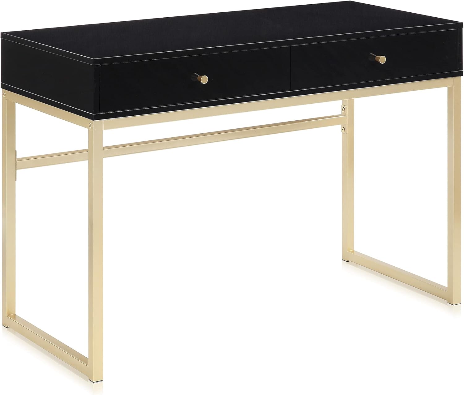 Home Office Desk With Drawers - 42インチの化粧台または寝室用ホームオフィスデスク、黒木の天板とゴールドメタルフレーム、2つの収納引き出し付き