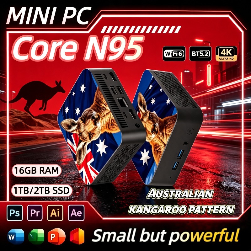 Home Office Australia - 2026年新型オーストラリアカンガルーフラッグ インテルコアN95ミニPC 超小型、16GB RAM、2TB SSD、トリプル4K、静音冷却、オフィス・ホーム用