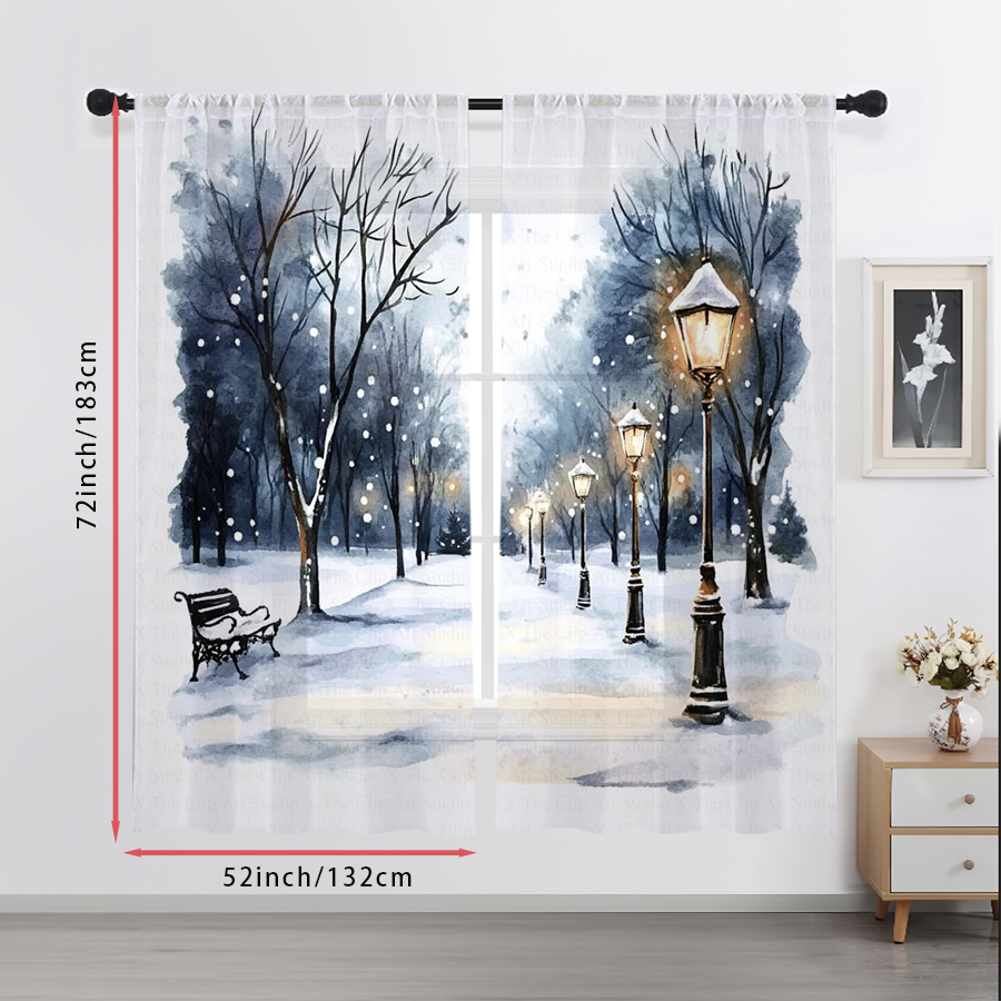 2枚組シアーカーテン 冬の雪景色 街灯 ベンチ 水彩プリント - Home Office Lamp のレビューと価格