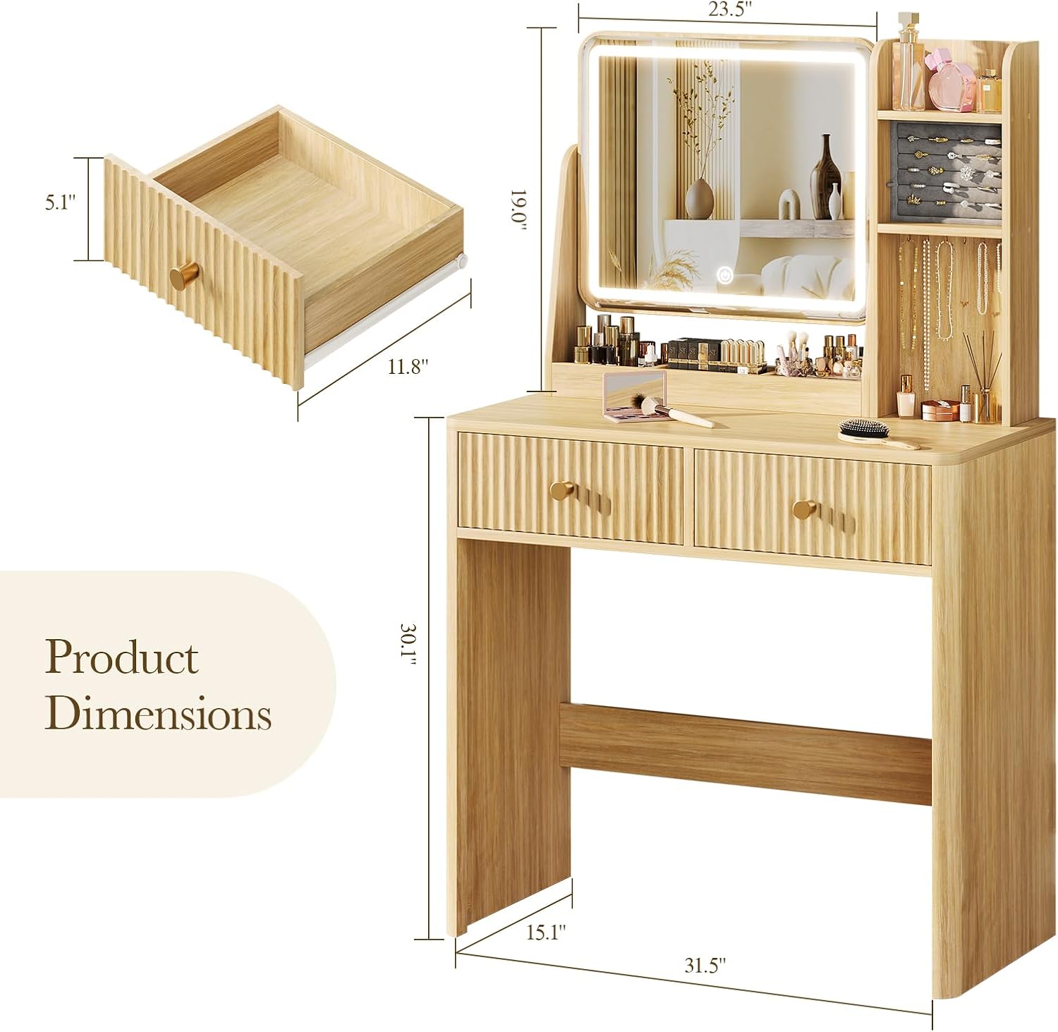 溝付きデザインの化粧台（鏡とライト付き）、2つの引き出しとジ - Desk Drawer Small のレビューと価格