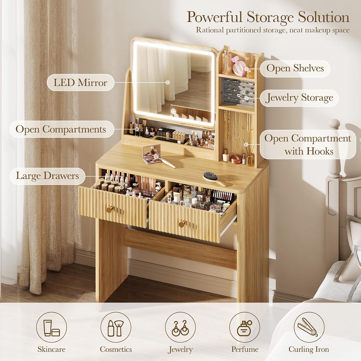 溝付きデザインの化粧台（鏡とライト付き）、2つの引き出しとジ - Desk Drawer Small のレビューと価格