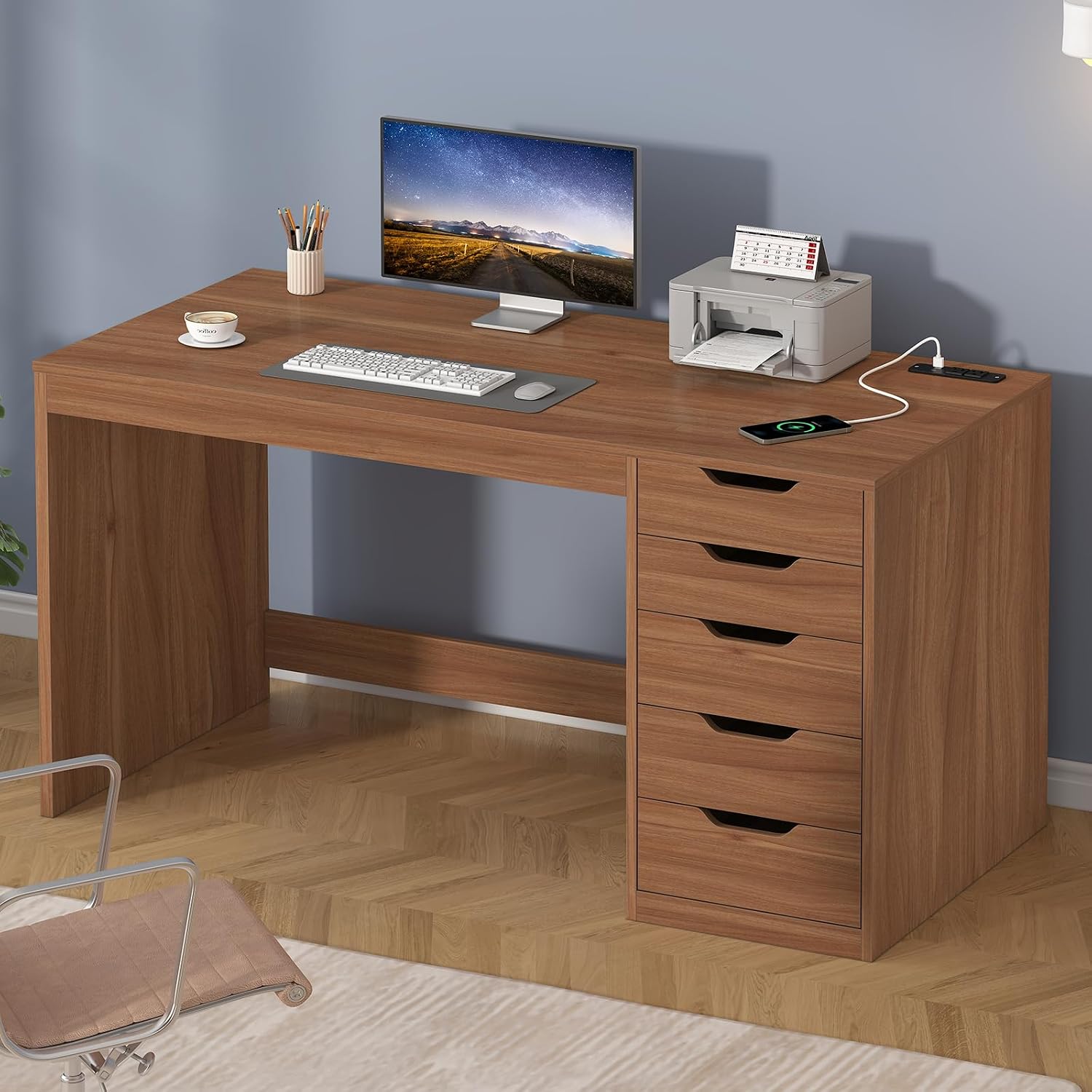 コンピューターデスク 5つの引き出しと電源コンセント付き 小 - Desk Drawer Small のレビューと価格