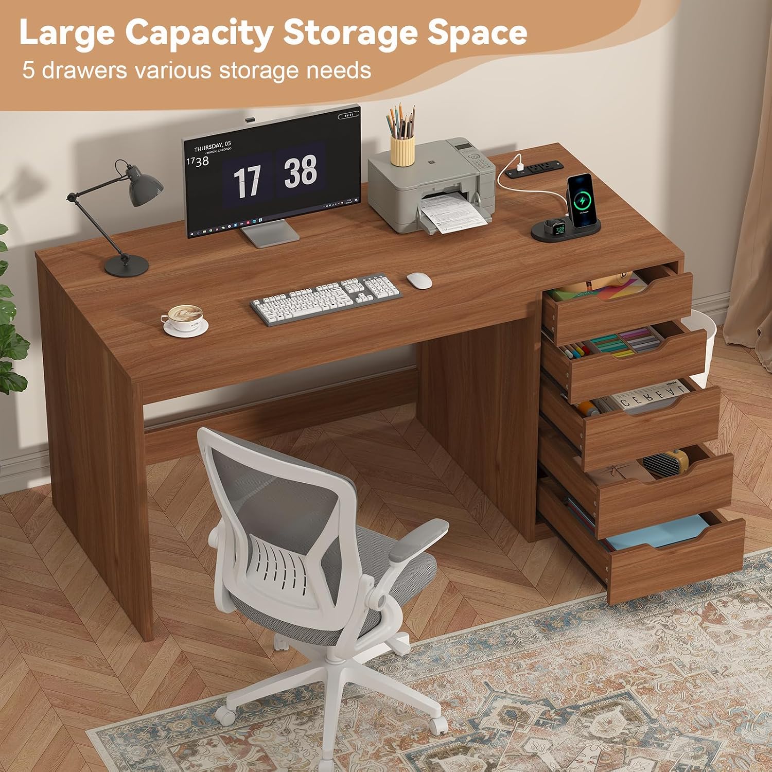 コンピューターデスク 5つの引き出しと電源コンセント付き 小 - Desk Drawer Small のレビューと価格