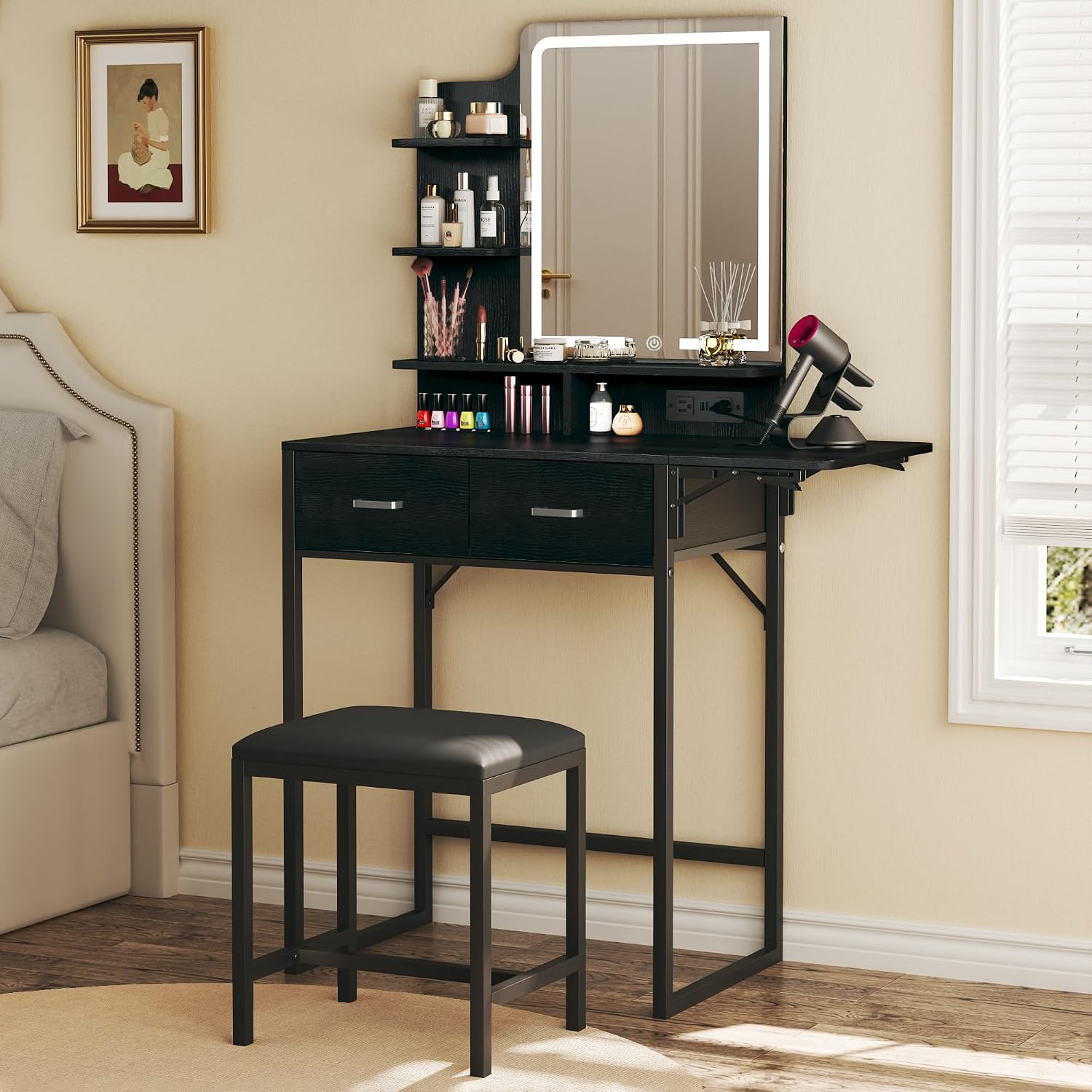 鏡とライト付き化粧台、布製収納引き出しと椅子と棚付き小型化粧 - Desk Drawer Small のレビューと価格