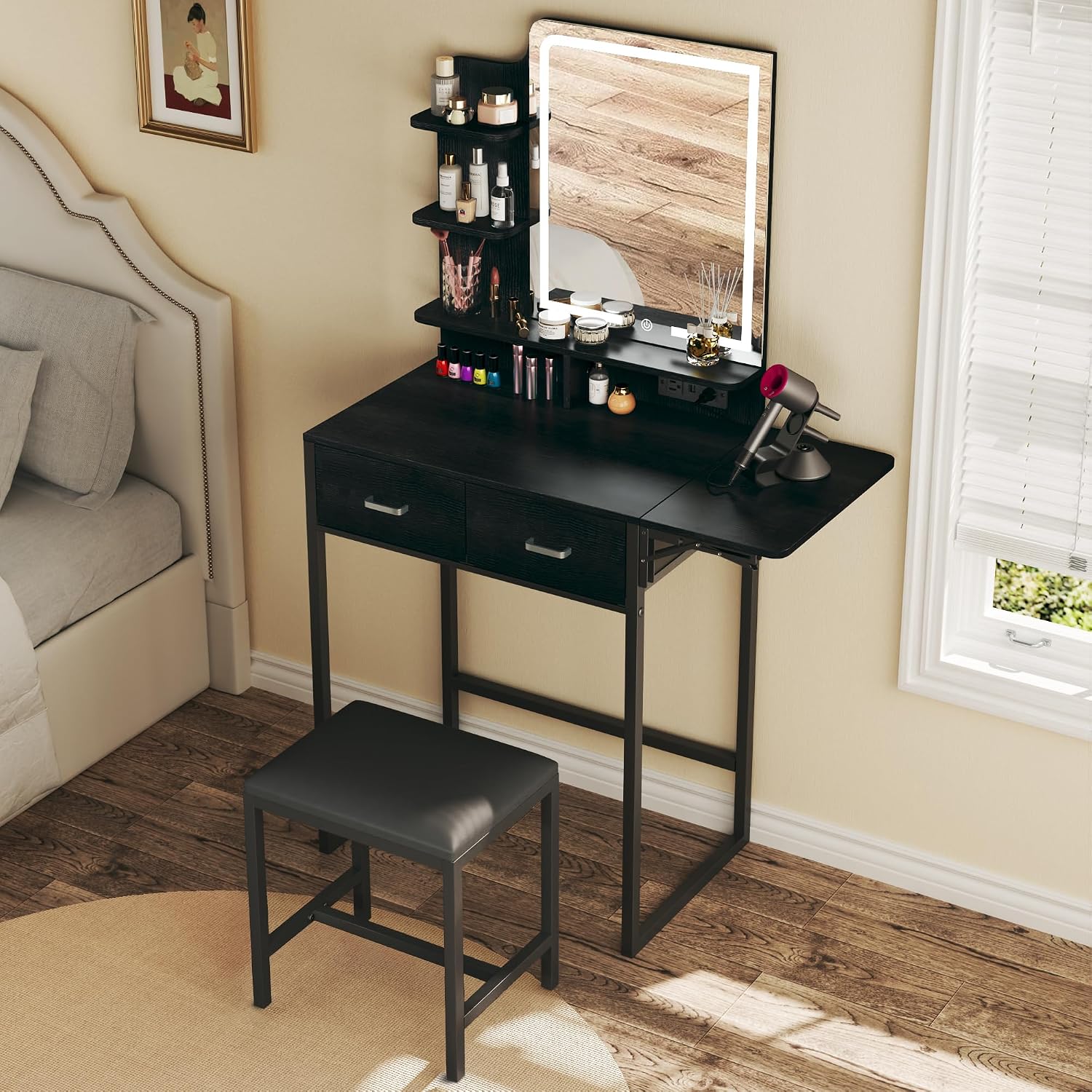 鏡とライト付き化粧台、布製収納引き出しと椅子と棚付き小型化粧 - Desk Drawer Small のレビューと価格