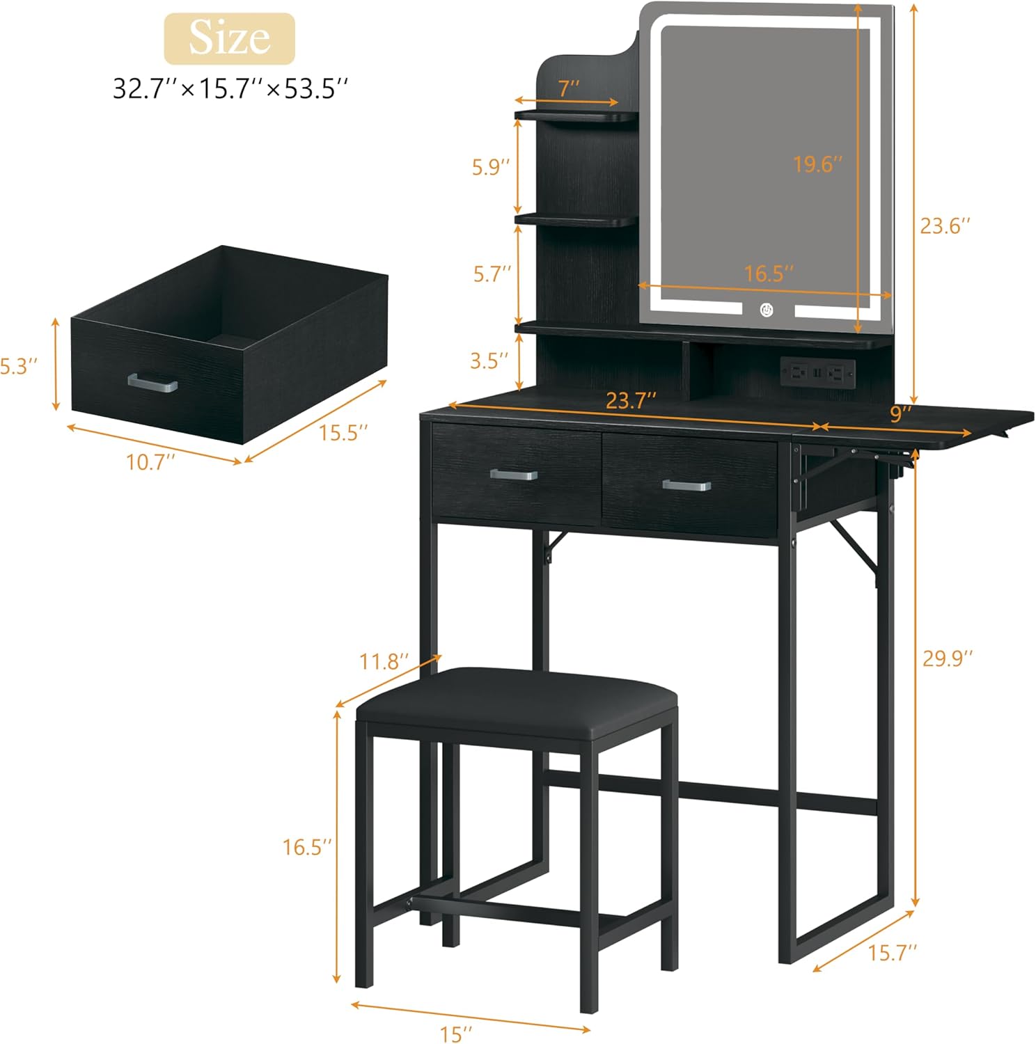 鏡とライト付き化粧台、布製収納引き出しと椅子と棚付き小型化粧 - Desk Drawer Small のレビューと価格