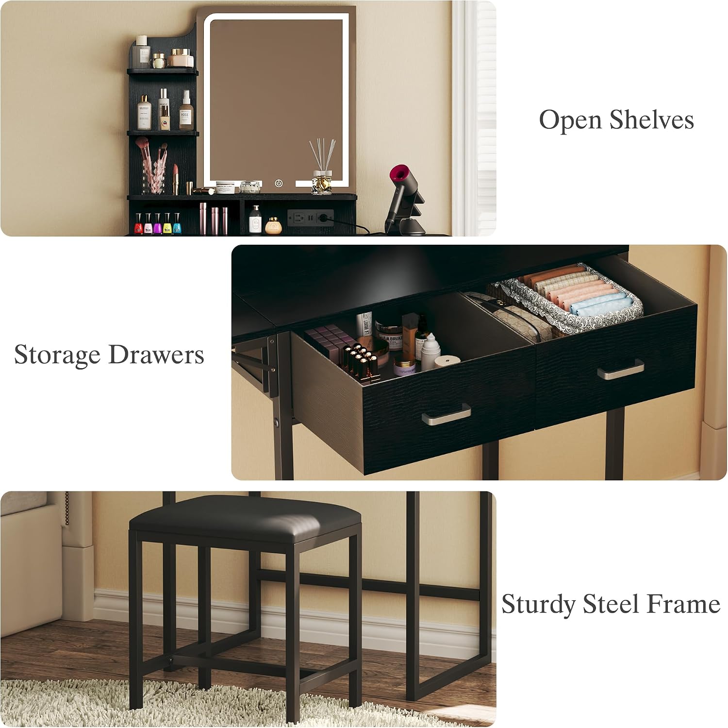 鏡とライト付き化粧台、布製収納引き出しと椅子と棚付き小型化粧 - Desk Drawer Small のレビューと価格