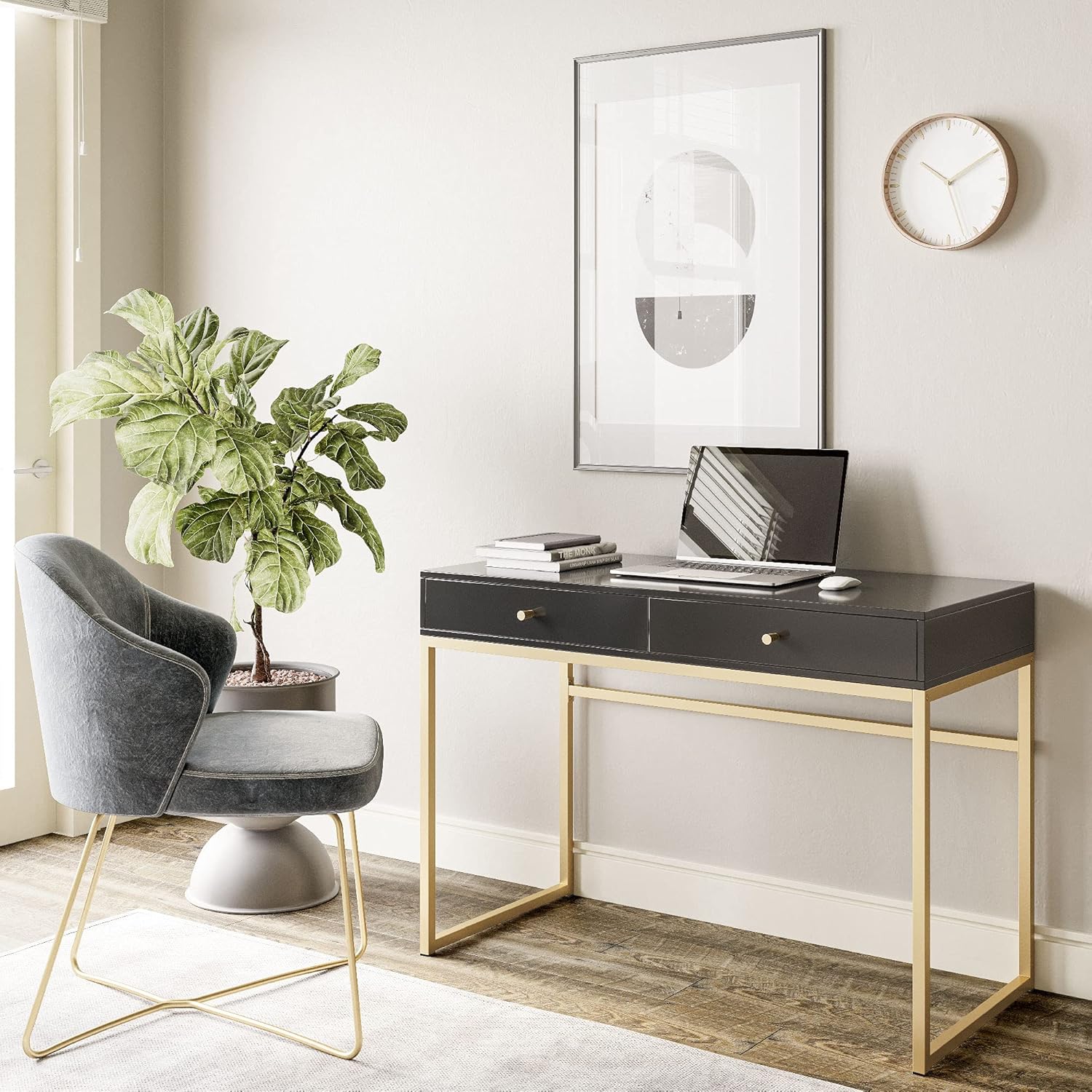 42インチの化粧台または寝室用ホームオフィスデスク、黒木の天 - Home Office Desk With Drawers のレビューと価格